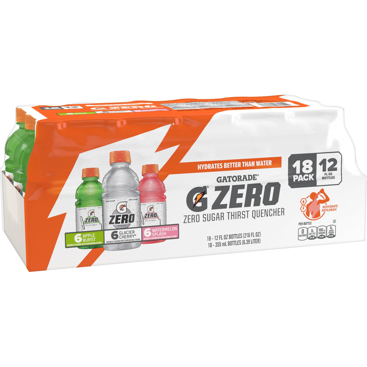 Gatorade G Zero pack frontal mostrando los 18 sabores variados y almacenamiento práctico