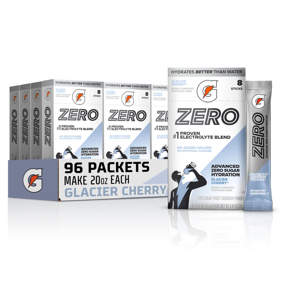 Gatorade mostrando el frente del paquete con sabor Glacier Cherry y conveniencia