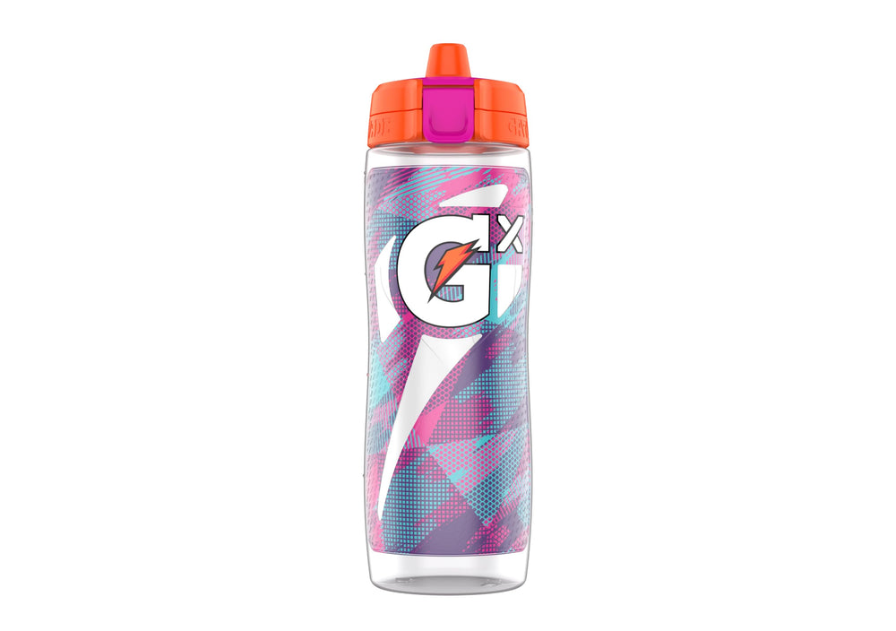 Gatorade Gx botella frontal Glitched Berry mostrando diseño y capacidad