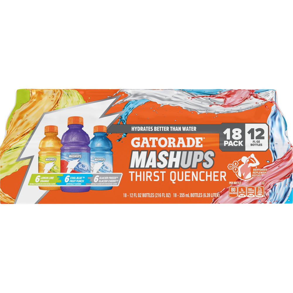 Gatorade frontal pack con 18 botellas mostrando variedad de sabores y conveniencia