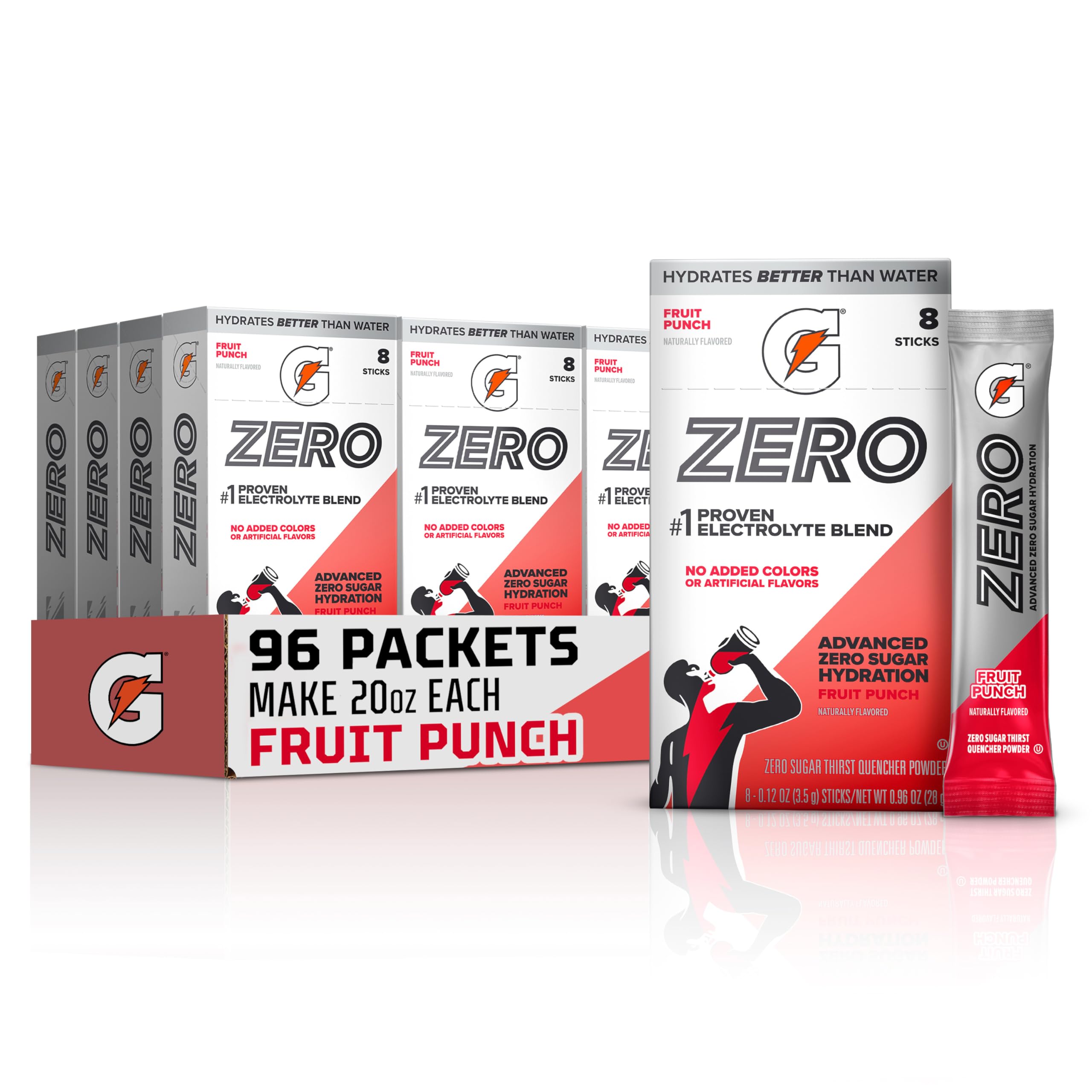 Gatorade empaque frontal mostrando 96 sobres y beneficio de portabilidad