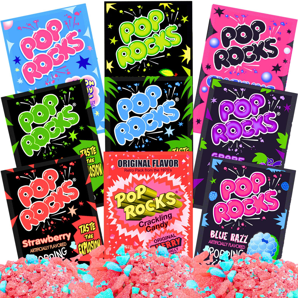 Gaudum Pop Rocks frente del paquete mostrando los nueve sobres y atractivo visual