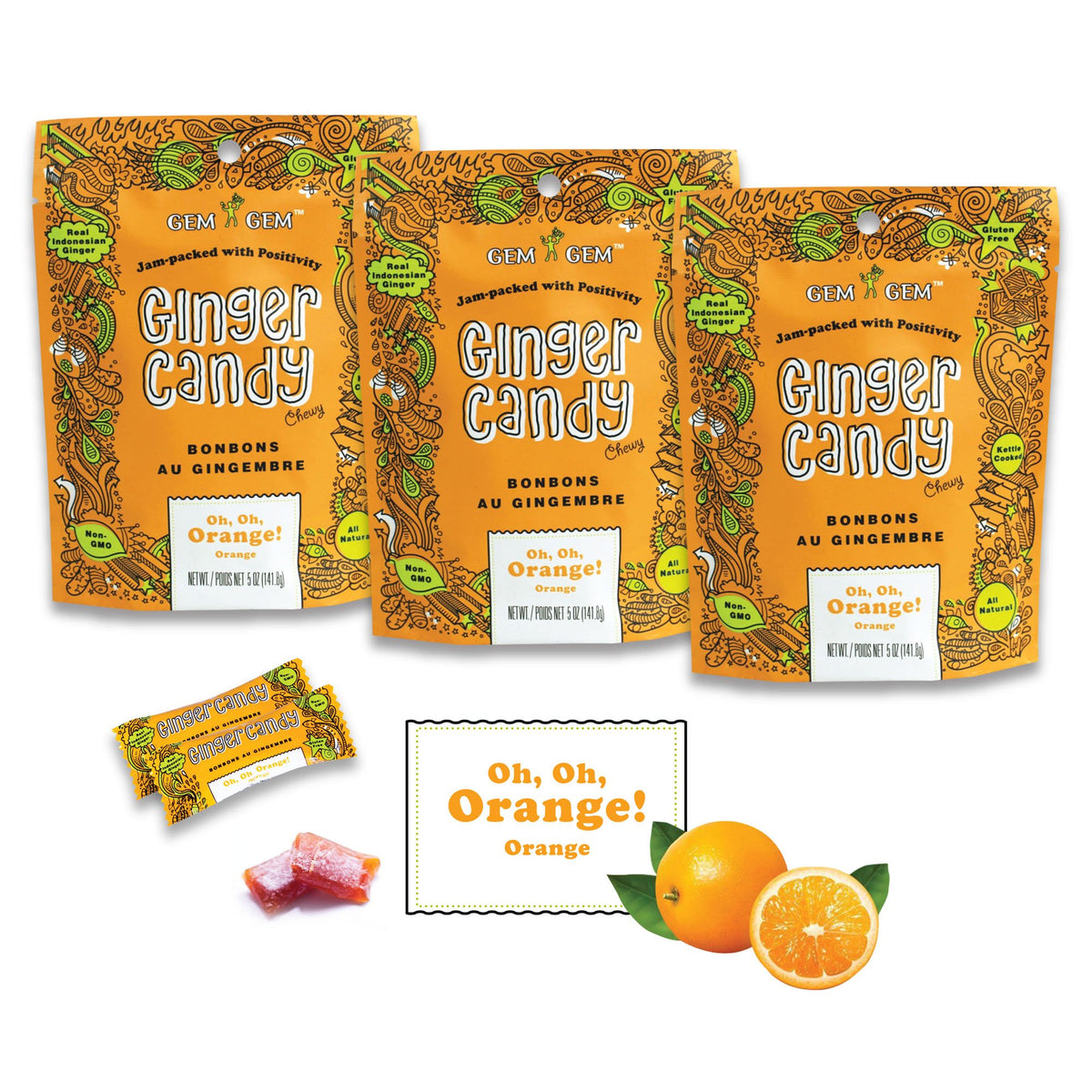 Gem Gem paquete frontal naranja mostrando tamaño y etiqueta, práctico para llevar