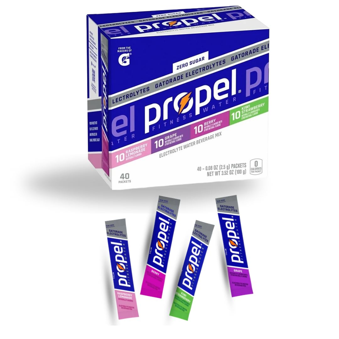 Generic Propel frente del paquete mostrando 40 sobres y variedad de sabores beneficios prácticos