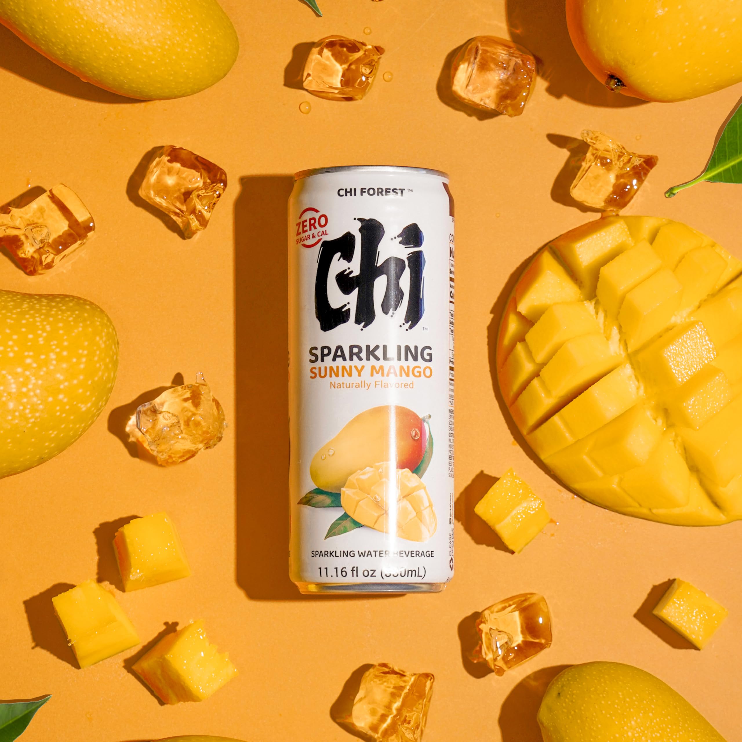 GENKI FOREST lata frontal CHI FOREST mango, muestra claridad y frescura