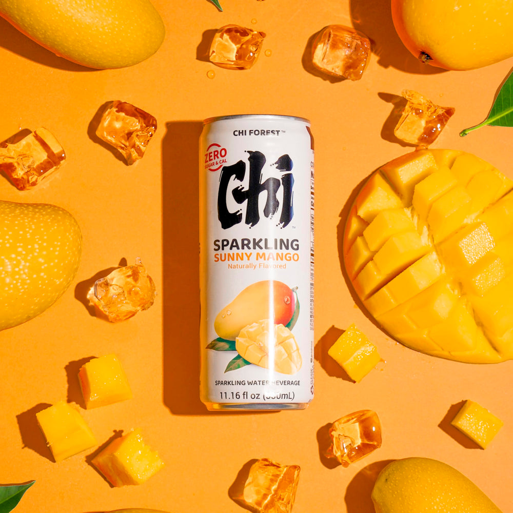 GENKI FOREST lata frontal CHI FOREST mango, muestra claridad y frescura