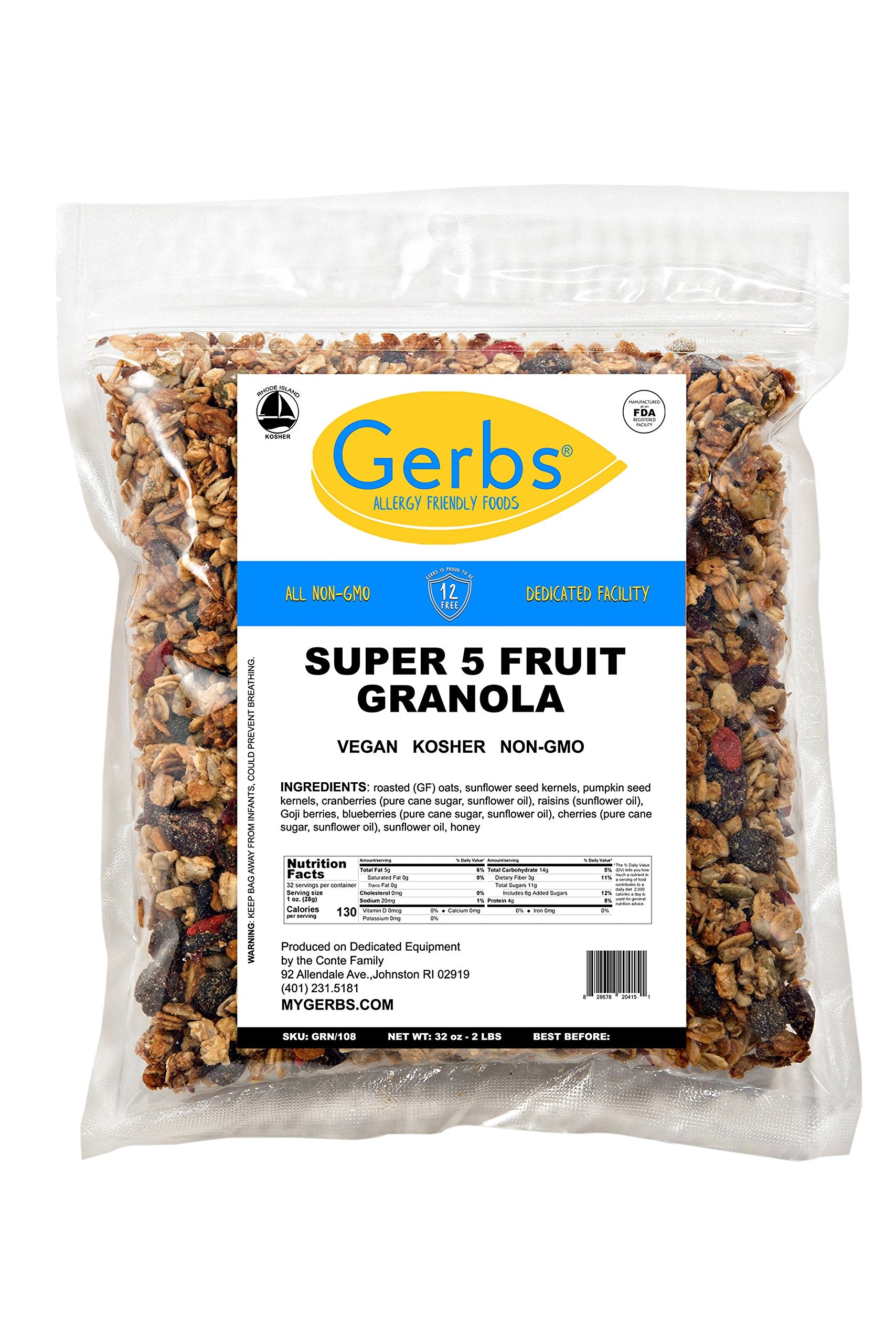 GERBS etiqueta de ingredientes enfocada en lista limpia y ausencia de 14 alérgenos