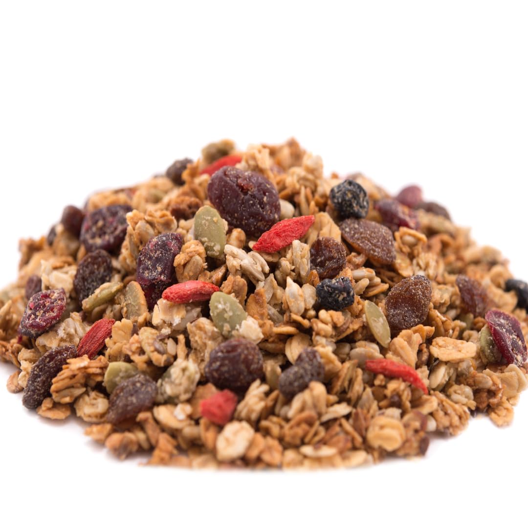 GERBS empaque frontal de Super 5 Fruit Granola mostrando bolsa resellable y beneficios
