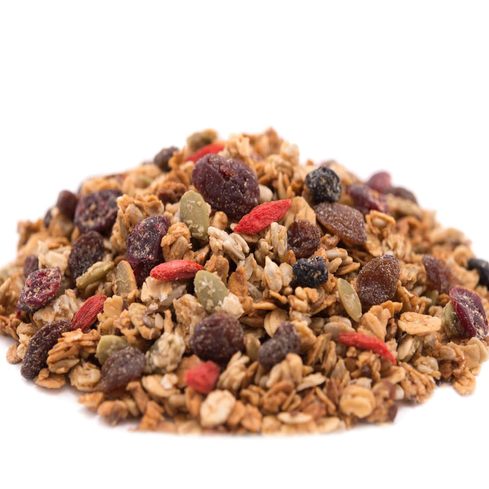 GERBS empaque frontal de Super 5 Fruit Granola mostrando bolsa resellable y beneficios