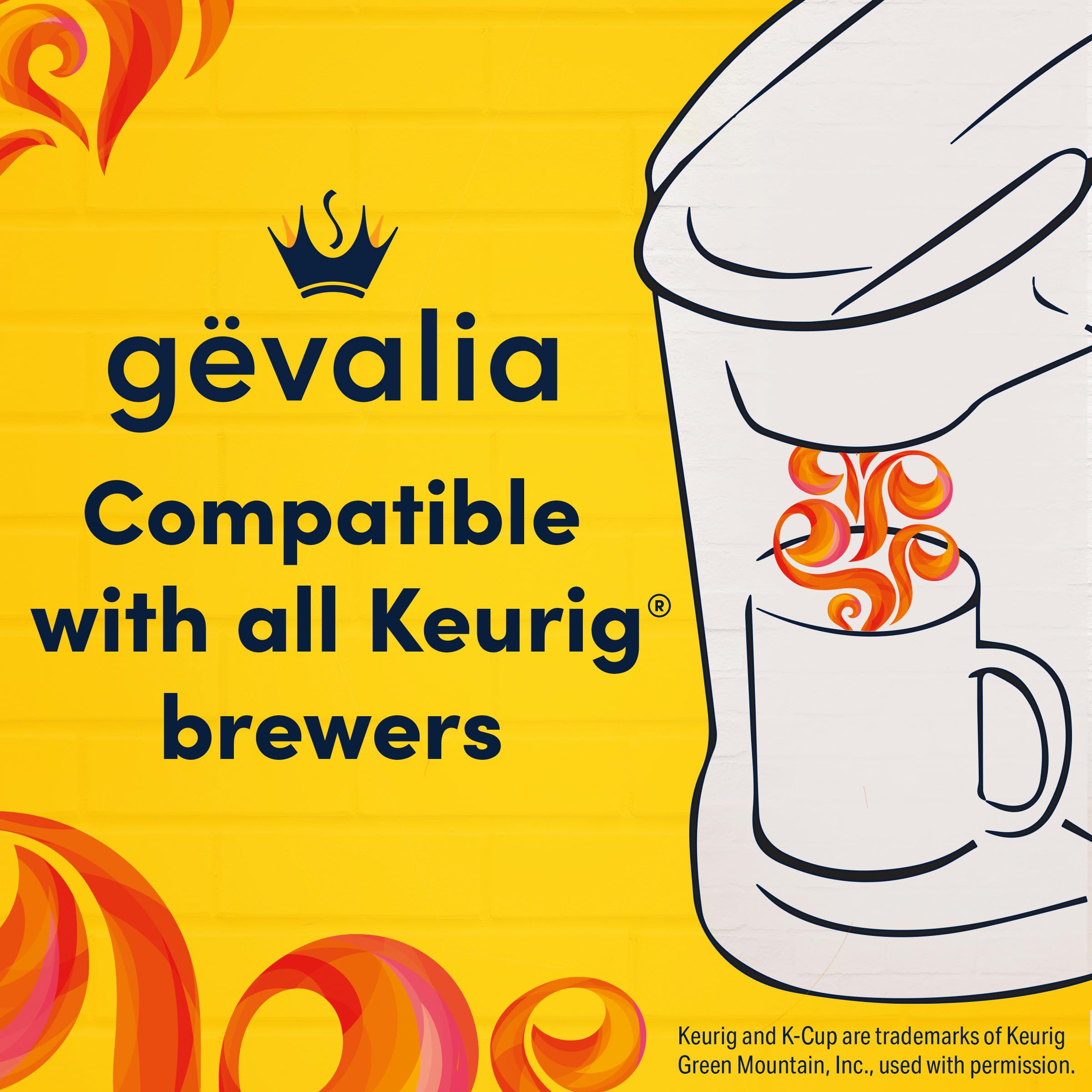 Gevalia taza con café recién hecho y vapor, ofreciendo sabor suave y disfrutables notas