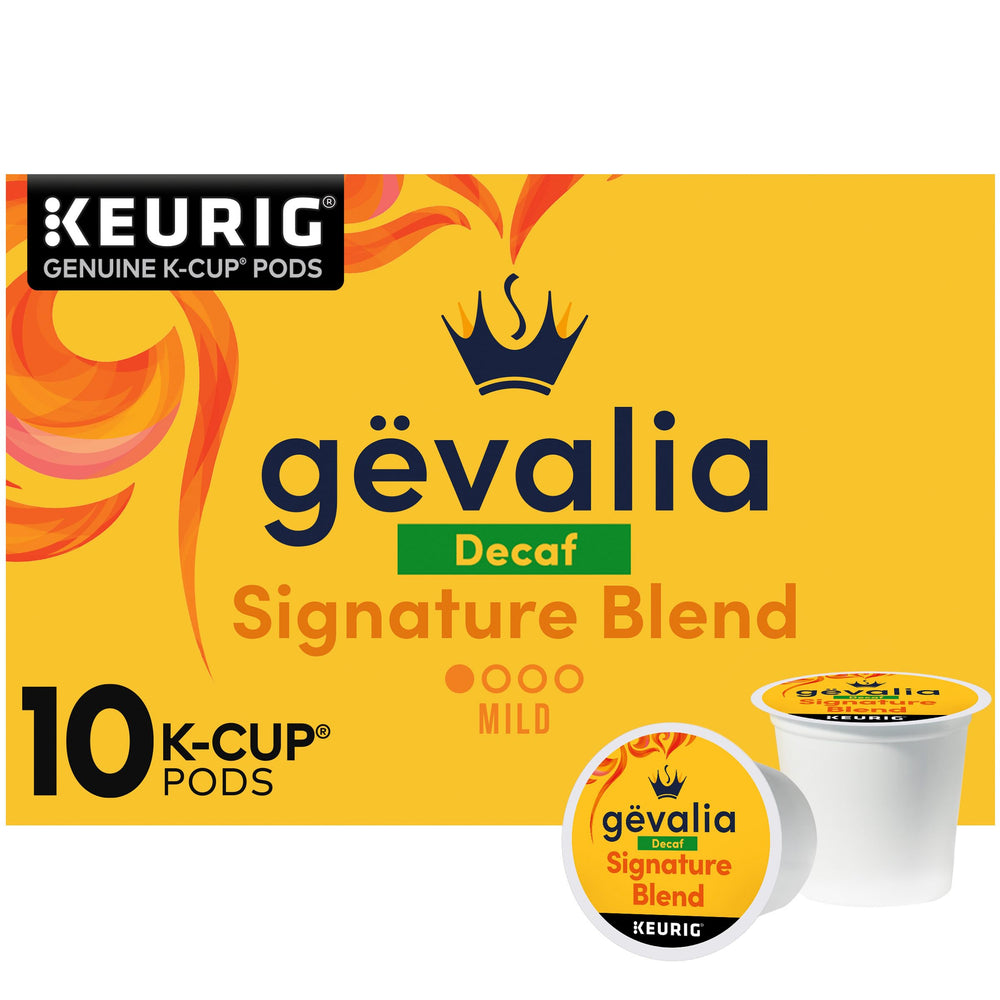 Gevalia caja frontal K-Cup Signature Descafeinado mostrando envío y beneficio conveniencia