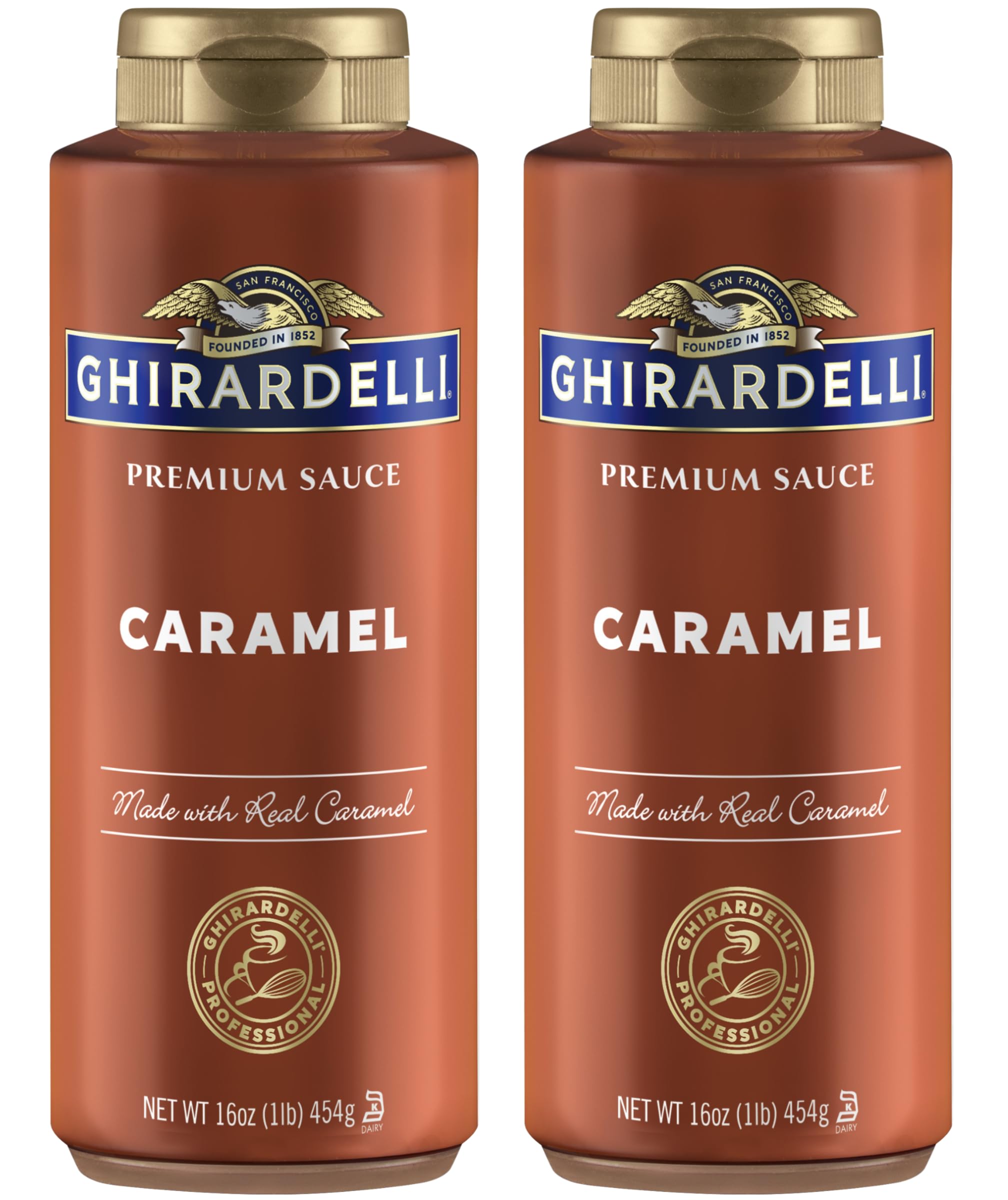 Ghirardelli botella frontal de caramelo mostrando diseño y facilidad de uso