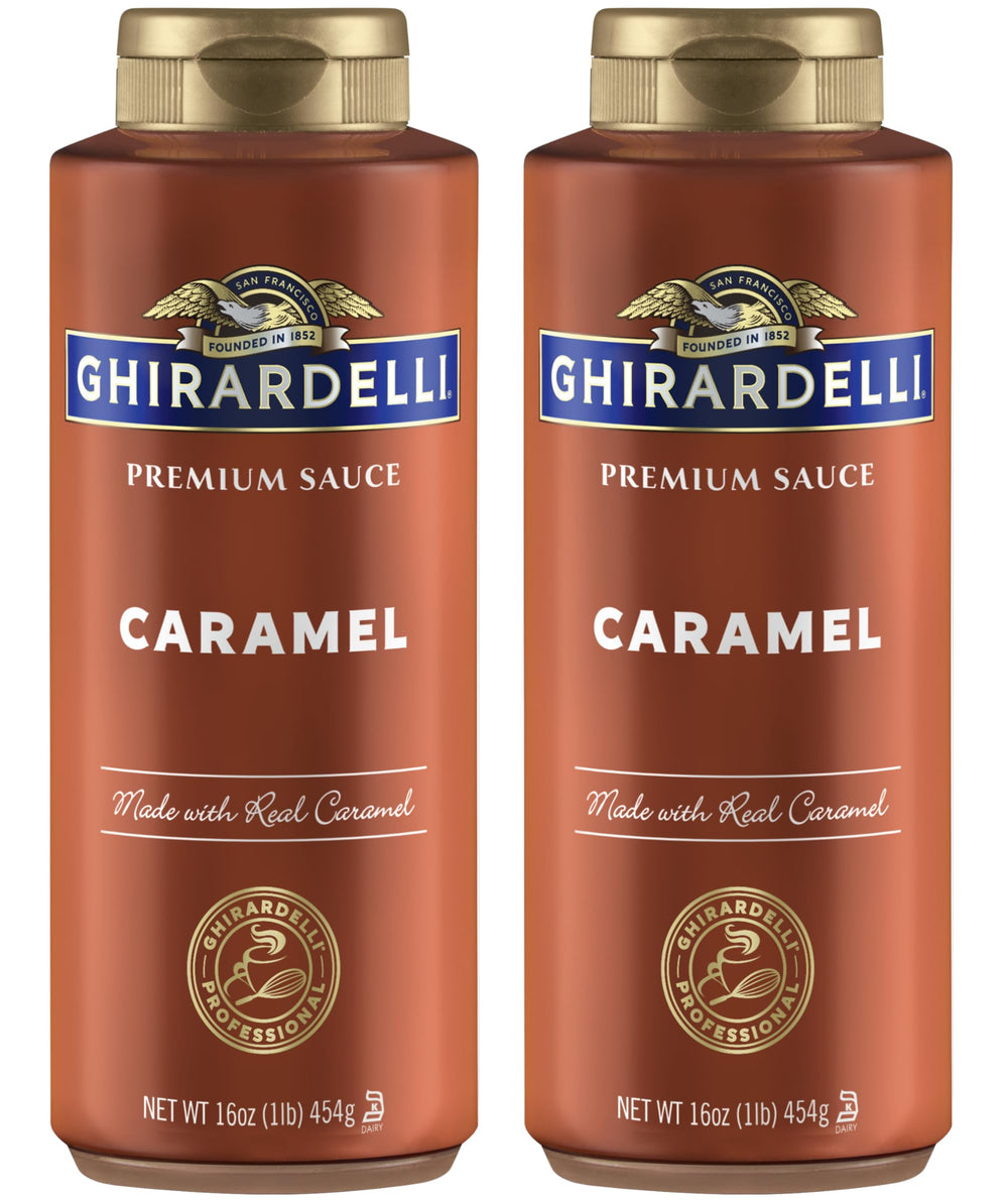 Ghirardelli botella frontal de caramelo mostrando diseño y facilidad de uso
