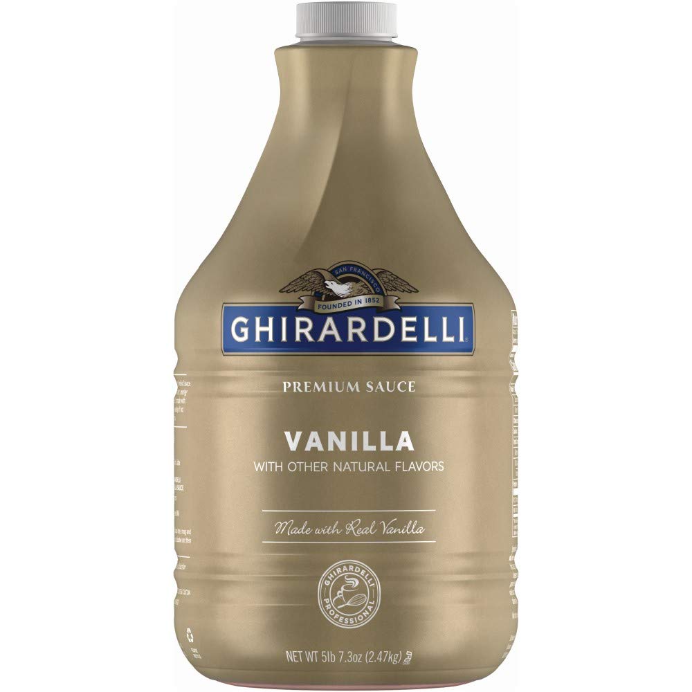 Ghirardelli botella frontal de 89.9 oz mostrando etiqueta clara y volumen grande