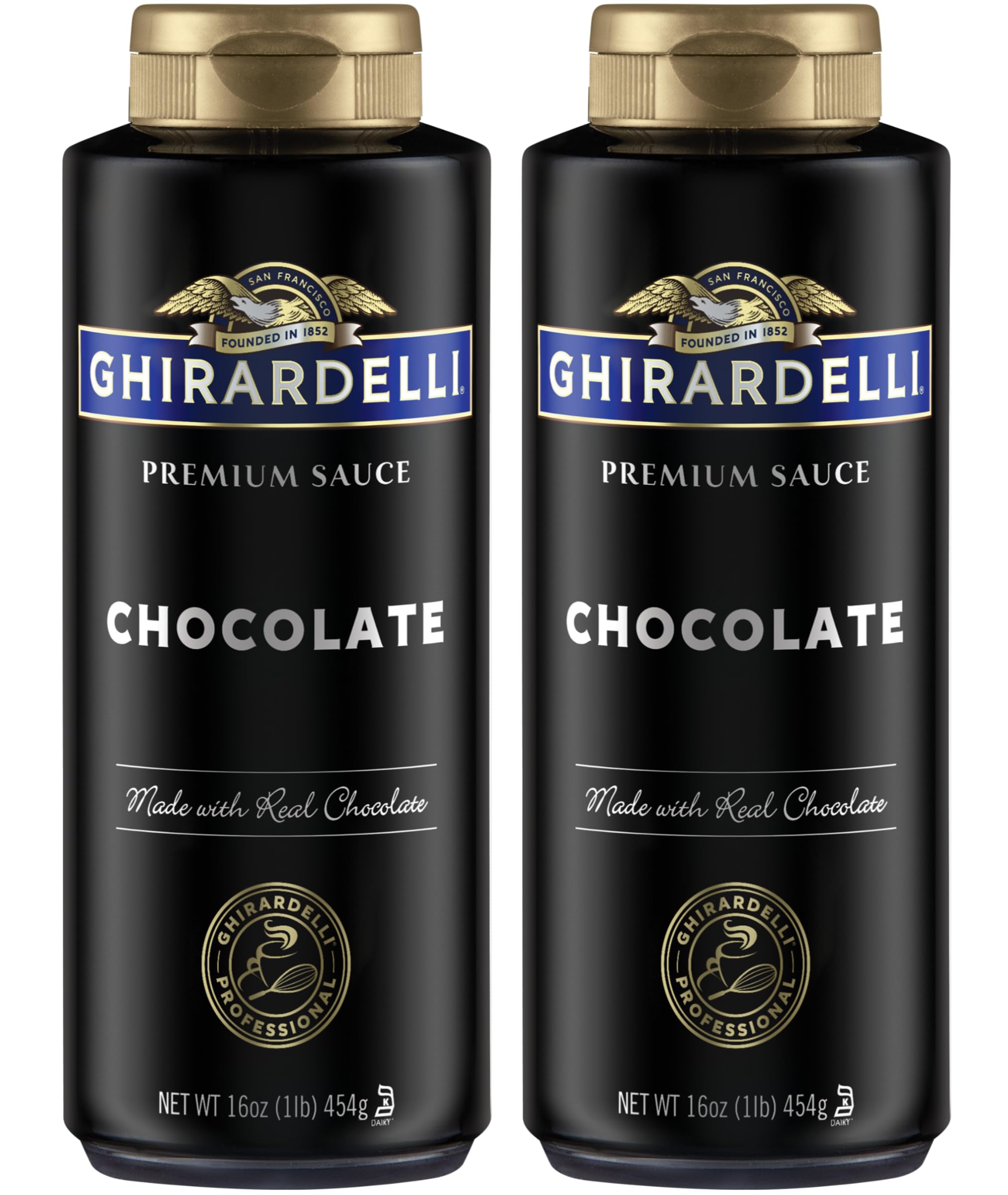 Ghirardelli botella frontal mostrando etiqueta premium y facilidad de uso