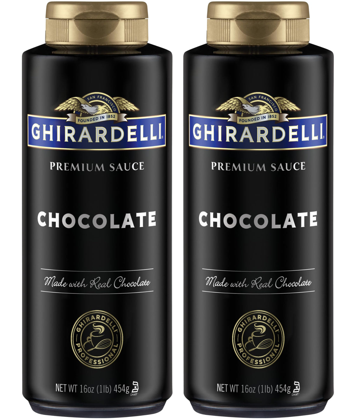 Ghirardelli botella frontal mostrando etiqueta premium y facilidad de uso