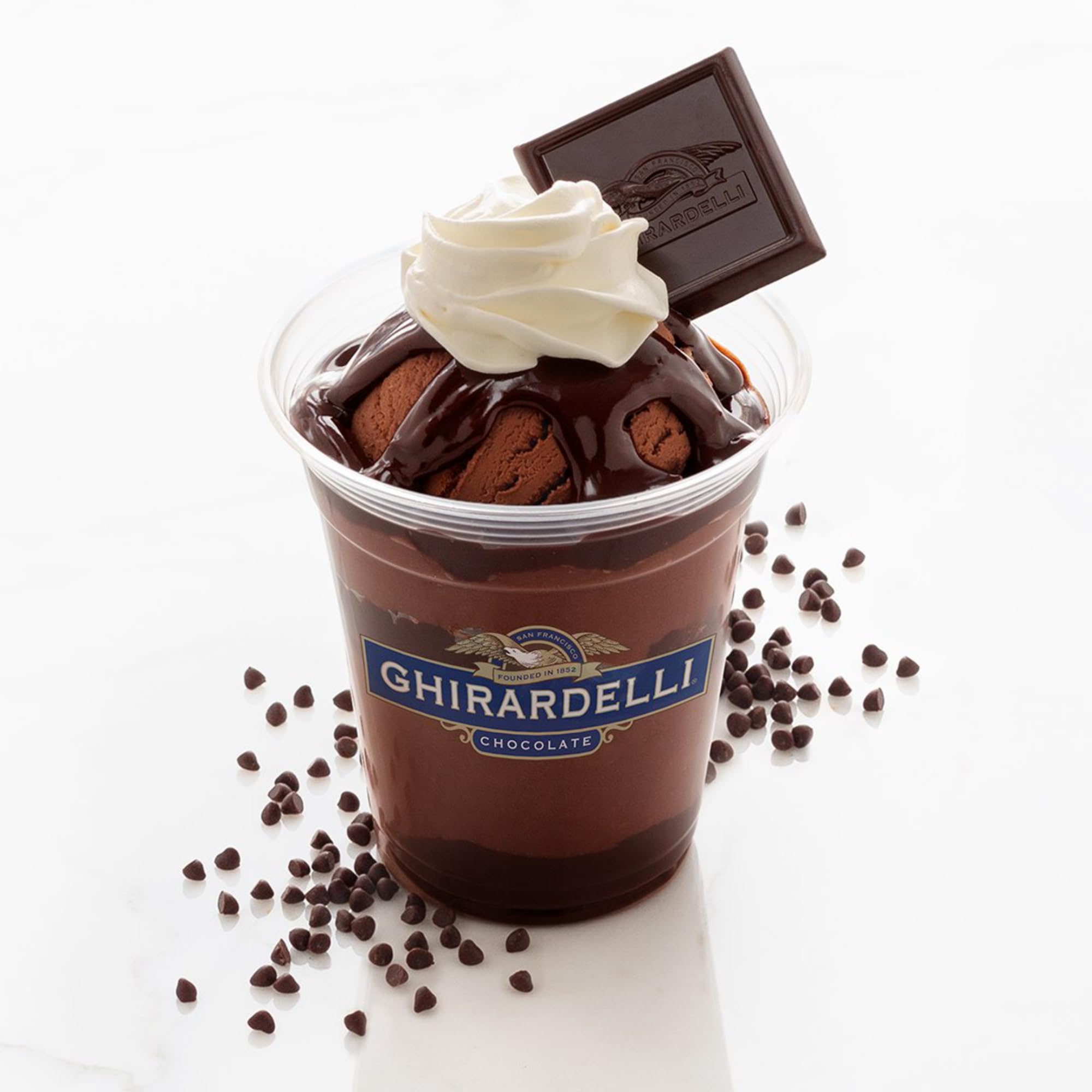 Ghirardelli comparación de tamaño con una taza para visualizar capacidad