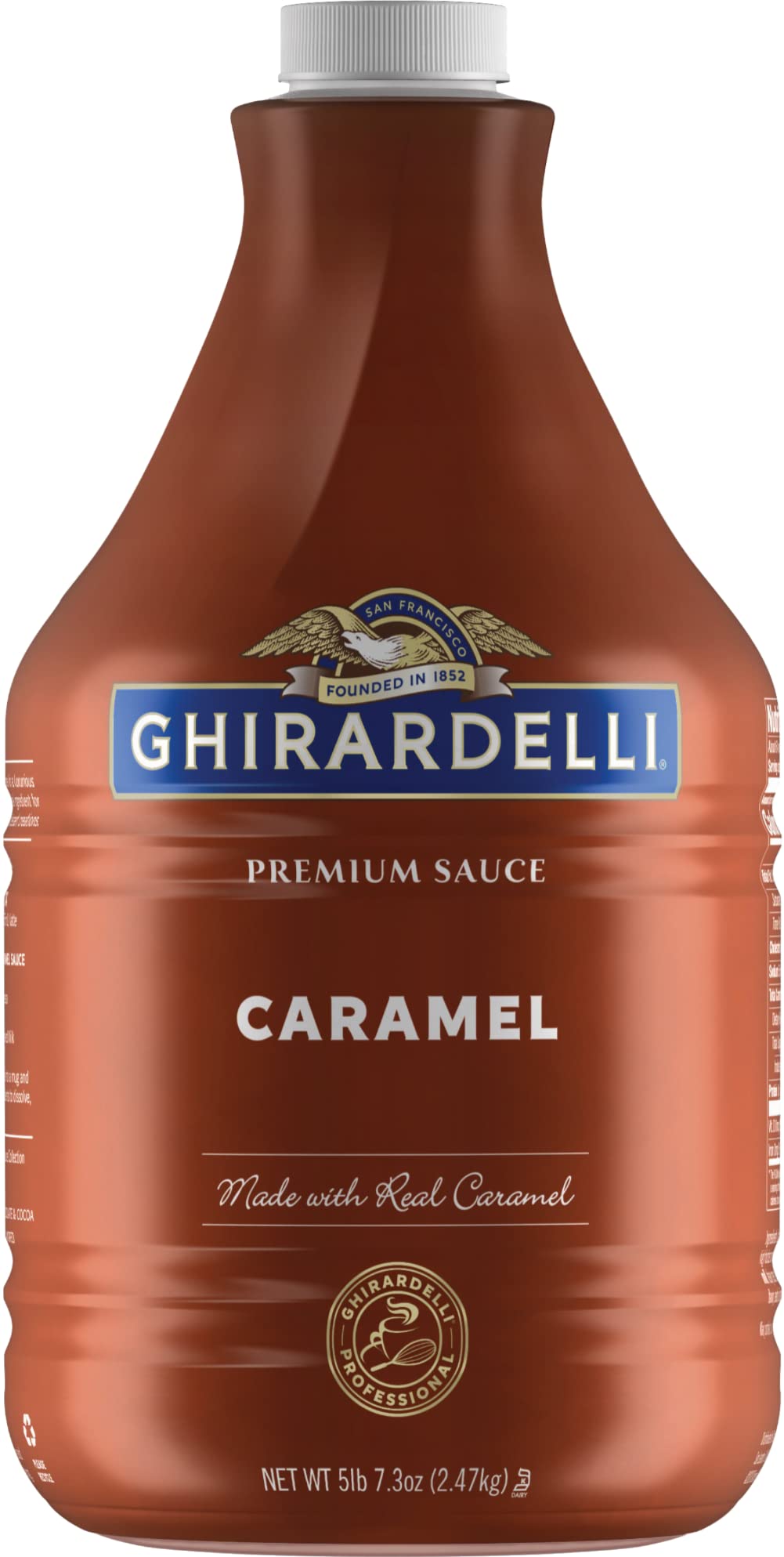Ghirardelli frente del envase mostrando tamaño grande y uso profesional