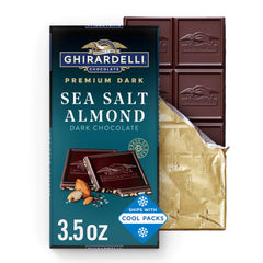 Ghirardelli empaque frontal mostrando la barra y marca, presentación premium