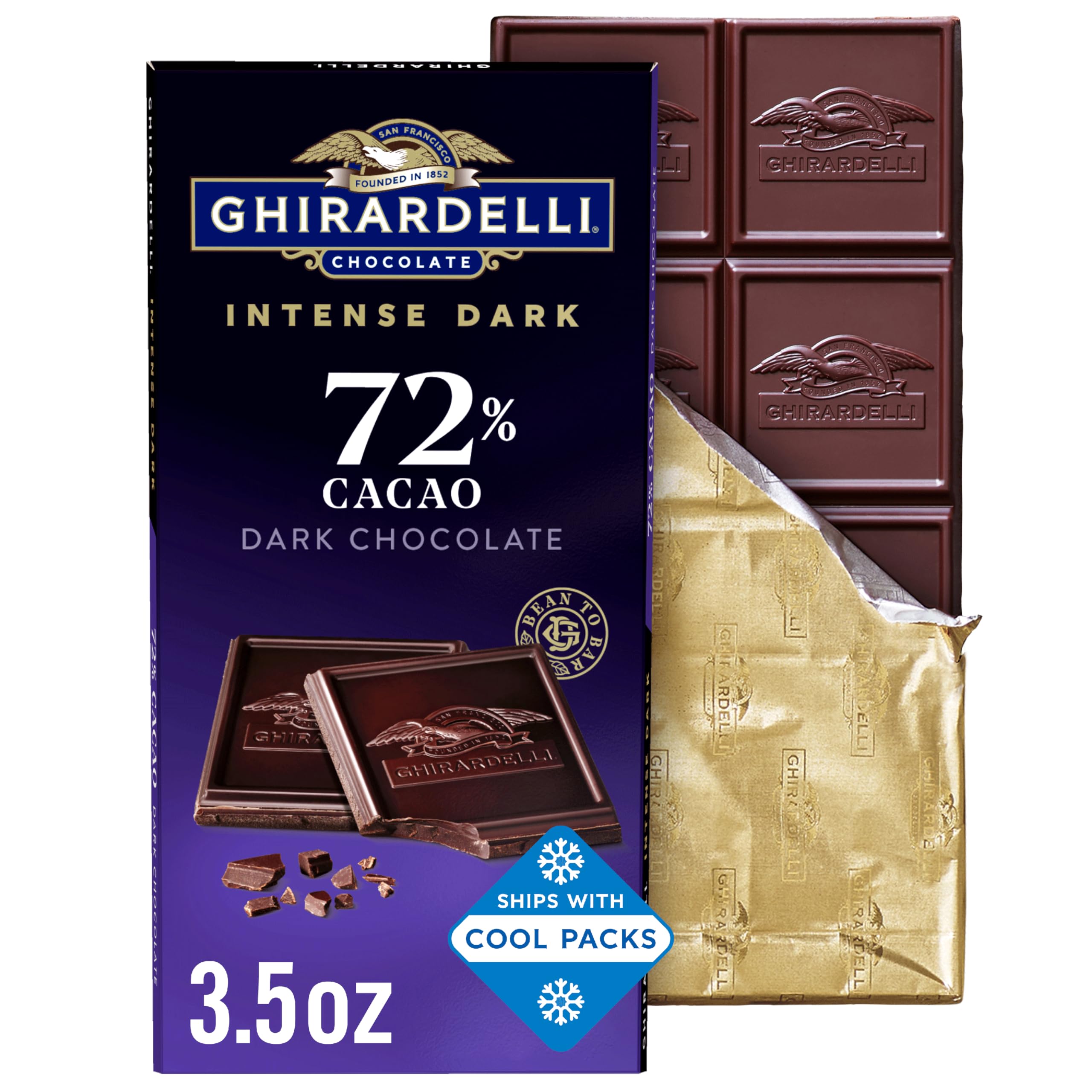 GHIRARDELLI vista frontal del empaque mostrando el pack de 12, calidad y conveniencia