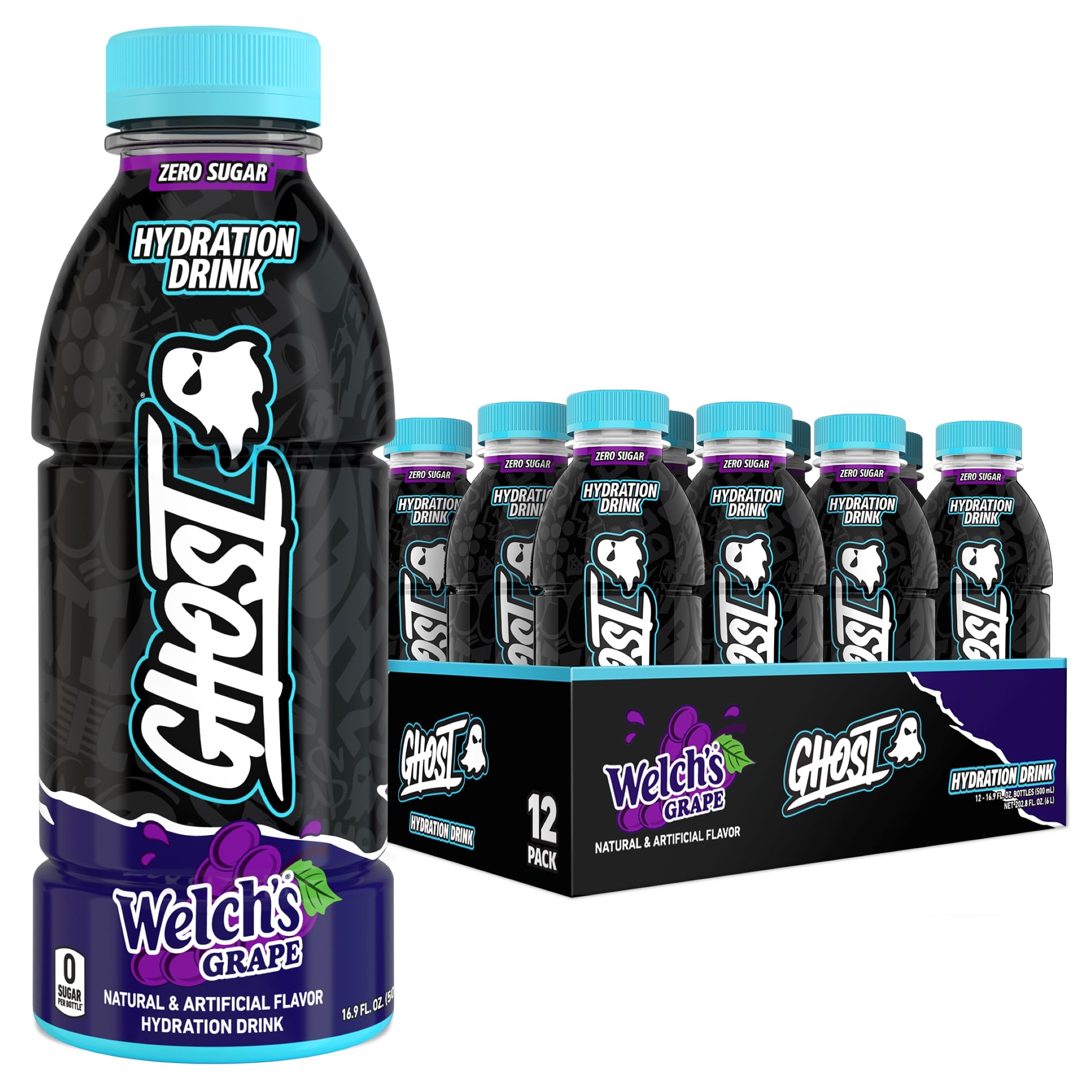 GHOST botella frontal Welch’s Grape mostrando diseño y beneficios hidratantes