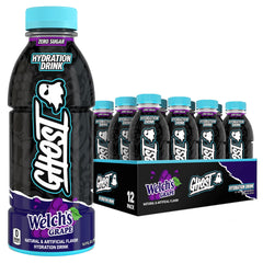 GHOST botella frontal Welch’s Grape mostrando diseño y beneficios hidratantes
