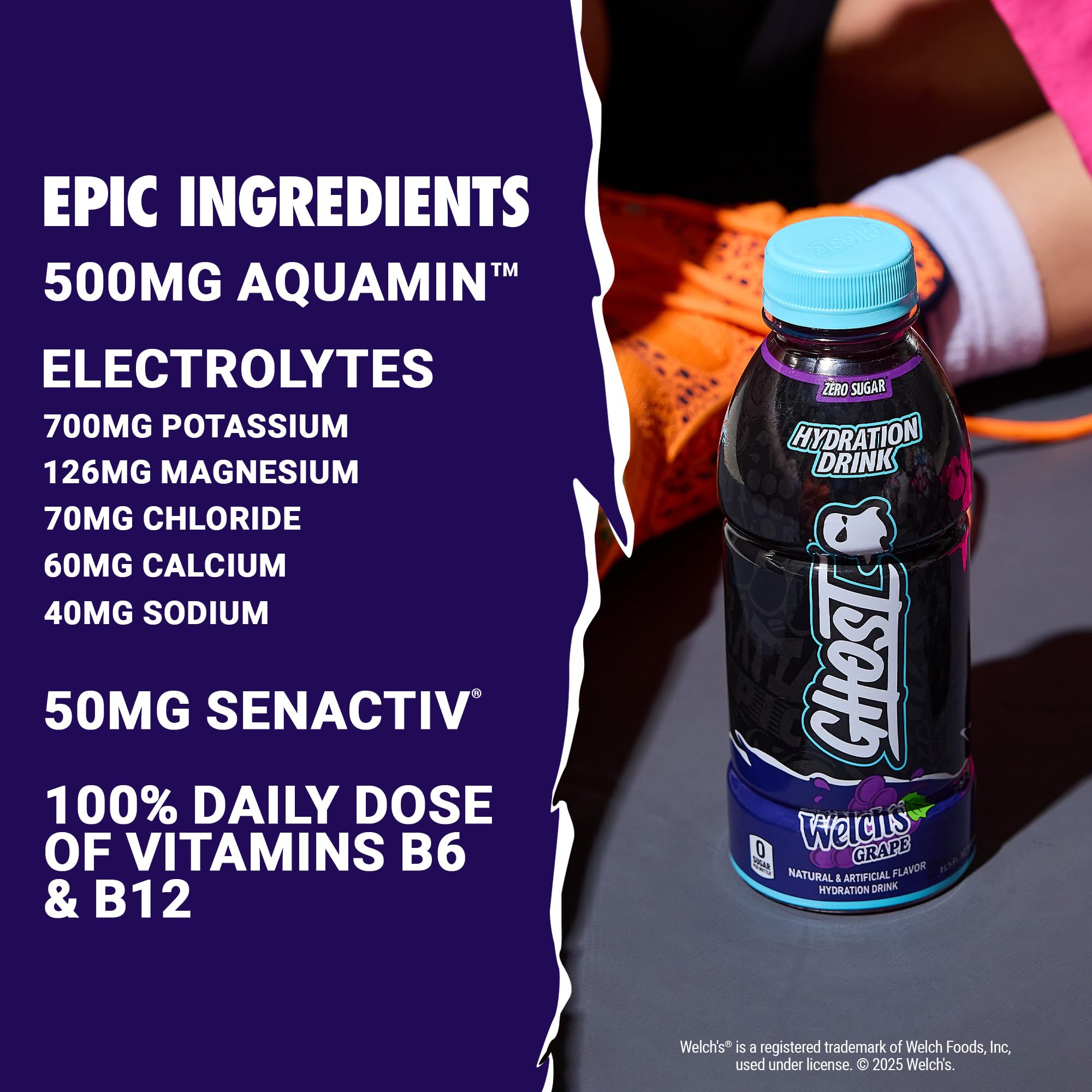 GHOST líquido violeta textura clara que indica sabor Welch’s Grape y refresco inmediato