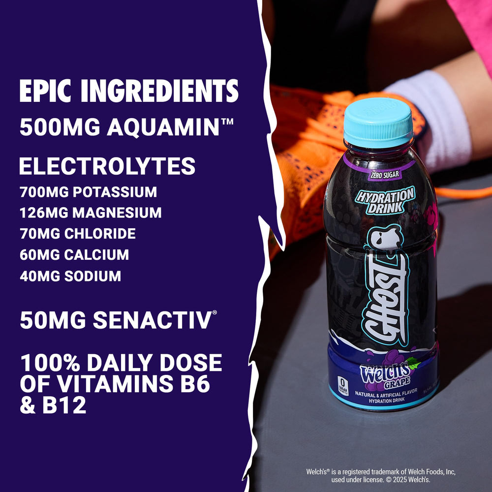 GHOST líquido violeta textura clara que indica sabor Welch’s Grape y refresco inmediato