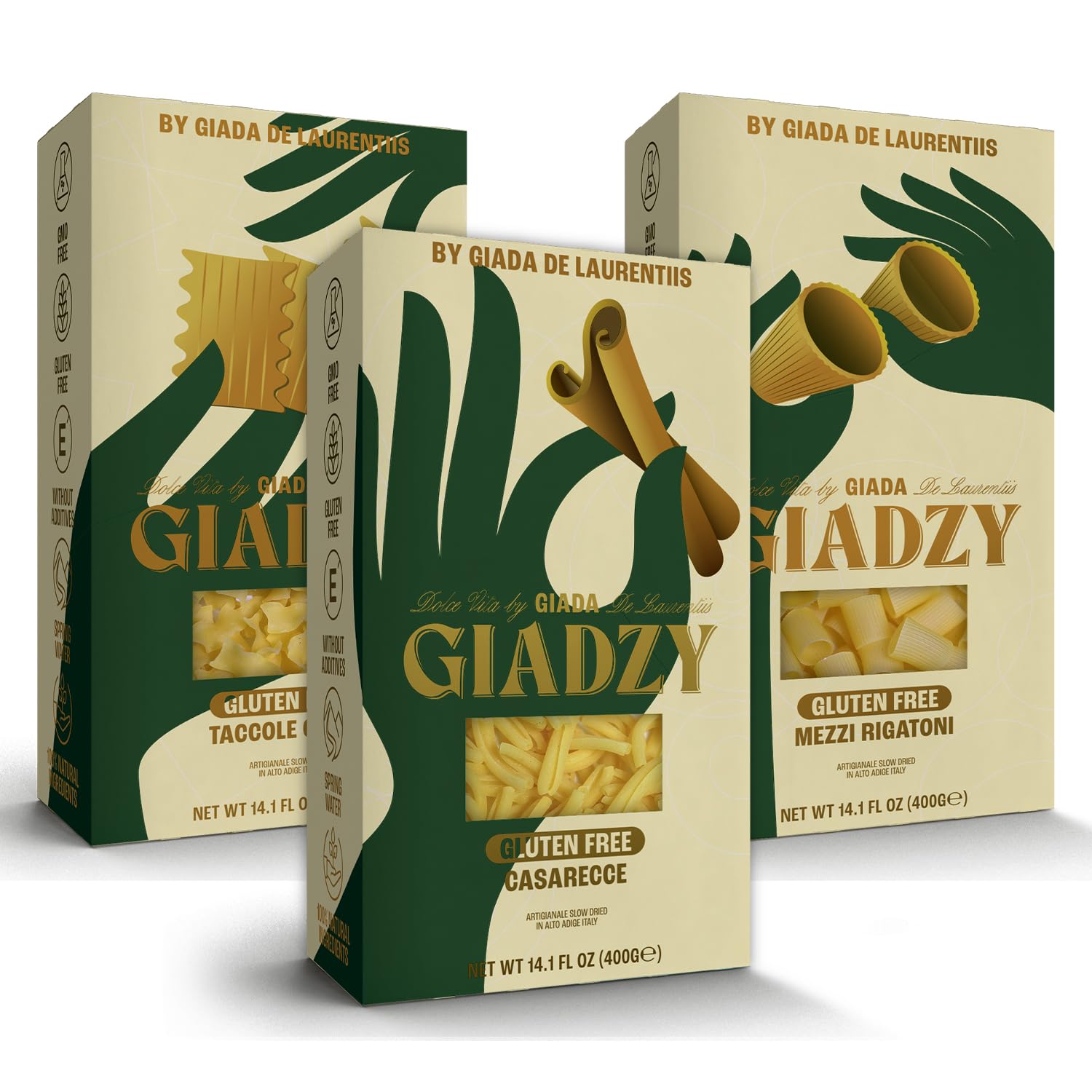 Giadzy pack frontal con las tres pastas mostrando variedad y conveniencia