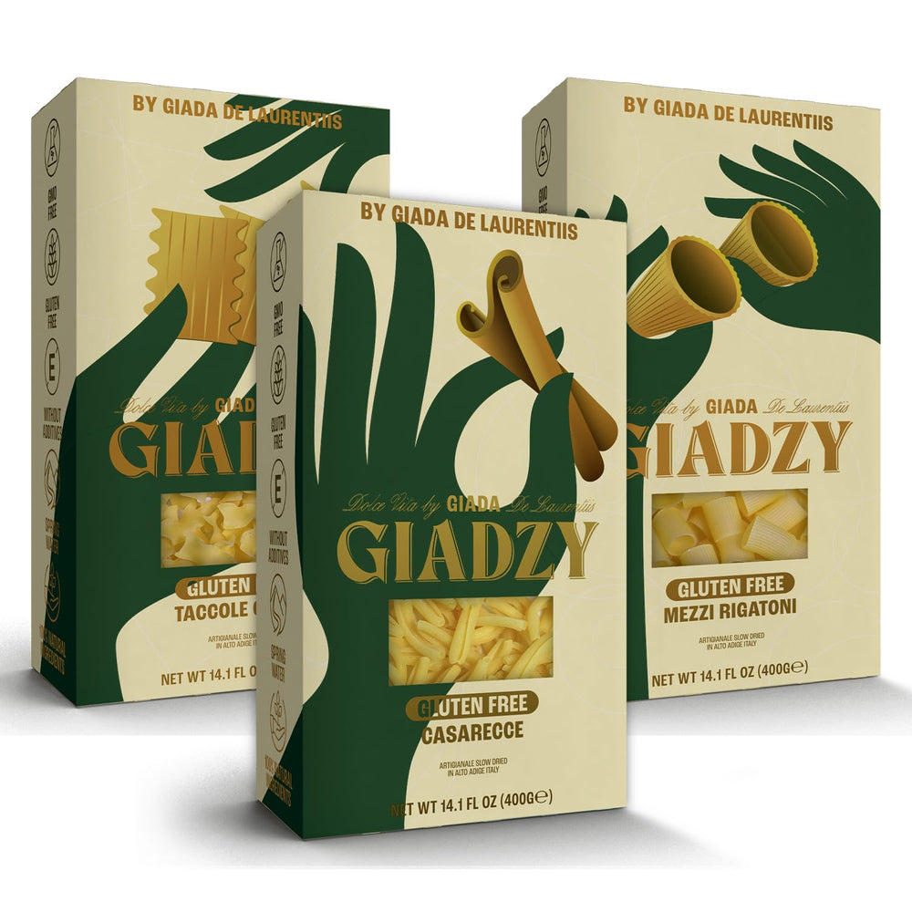 Giadzy pack frontal con las tres pastas mostrando variedad y conveniencia