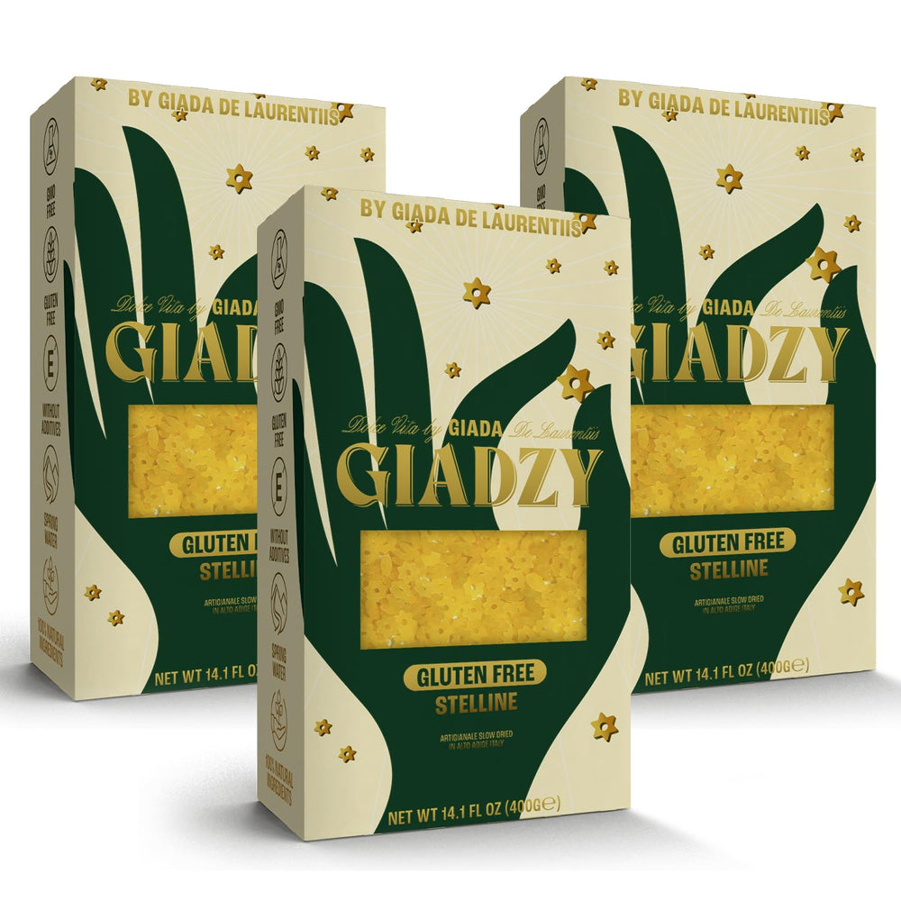 Giadzy paquete frontal de stelline sin gluten mostrando branding y formato