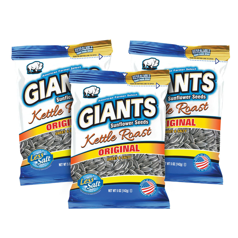GIANTS SUNFLOWER SEEDS frente de la bolsa 5 oz con cierre, conveniencia portátil