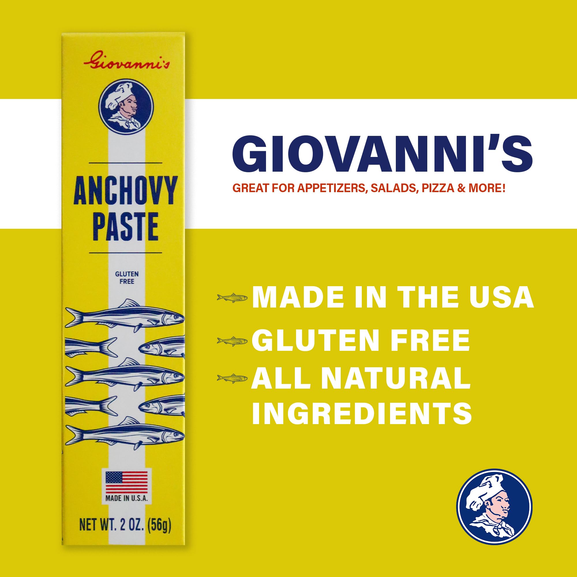 Giovanni's PASTE etiqueta con ingredientes: anchoa, aceite de oliva y sal marina