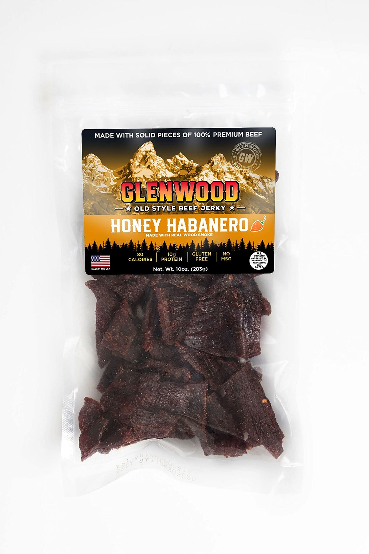 Glenwood frontal del paquete Honey Habanero mostrando diseño y peso 10 oz, apetecible