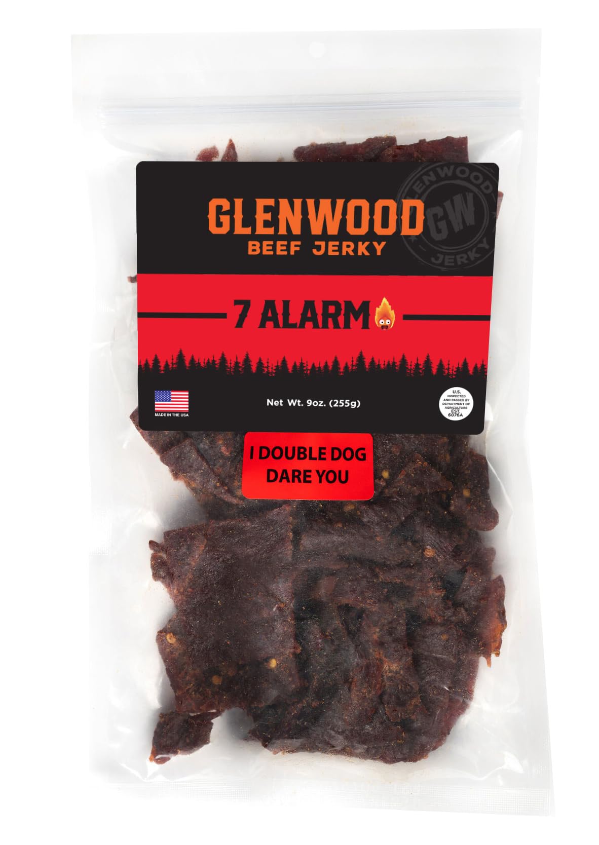 Glenwood Snacks paquete frontal 7 ALARM mostrando 9 oz y advertencia picante