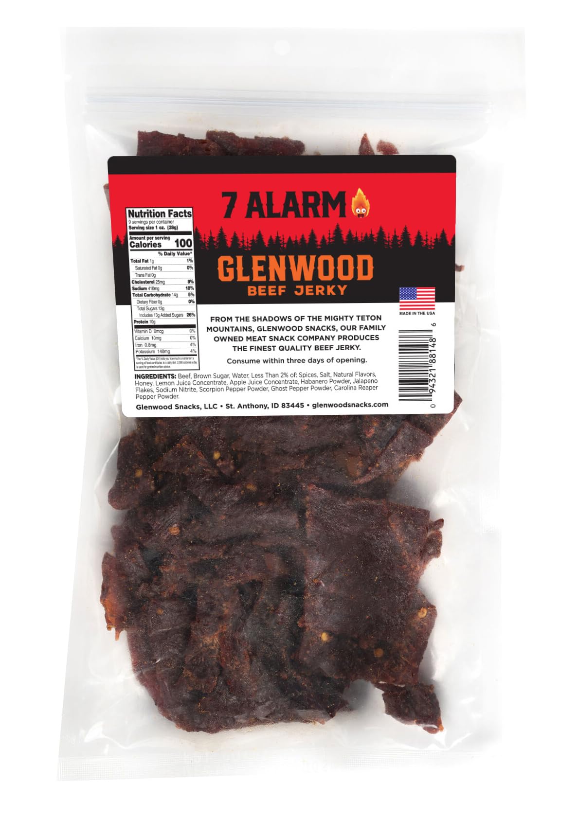 Glenwood Snacks close-up de textura y fibras de la carne, sabor ahumado visible