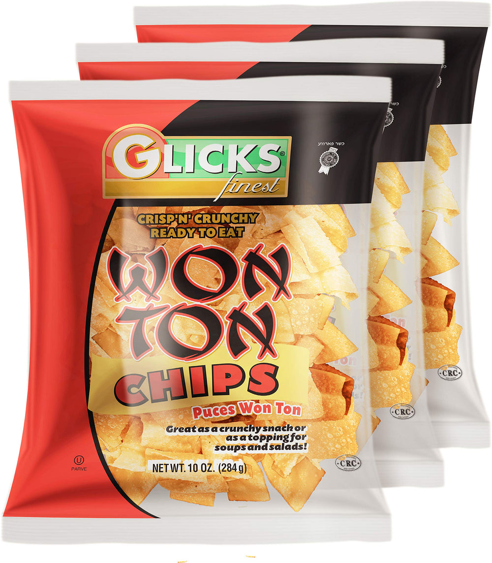 Glicks paquete frontal de Wonton Chips 10oz mostrando diseño y porciones, ideal para llevar