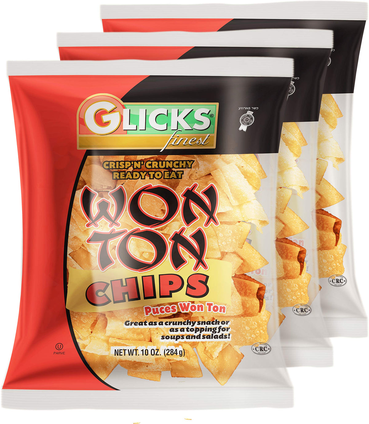 Glicks paquete frontal de Wonton Chips 10oz mostrando diseño y porciones, ideal para llevar