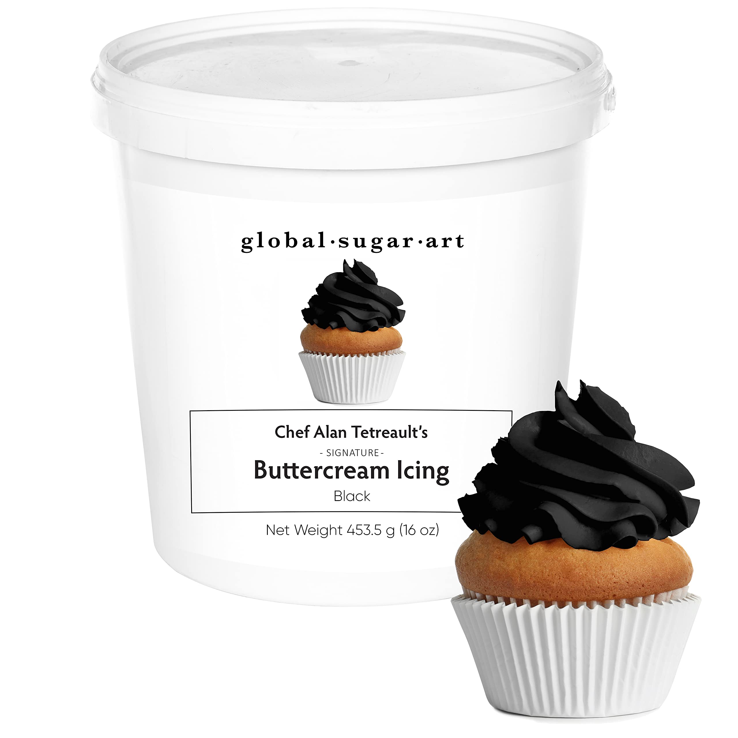 Global Sugar Art bote frontal mostrando etiqueta y color negro intenso, ideal para decoración