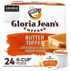 Gloria Jean's paquete frontal Butter Toffee mostrando 24 cápsulas y beneficios de sabor