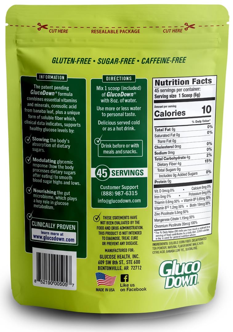 GLUCODOWN polvo textura fina en cuchara resaltando contenido de fibra