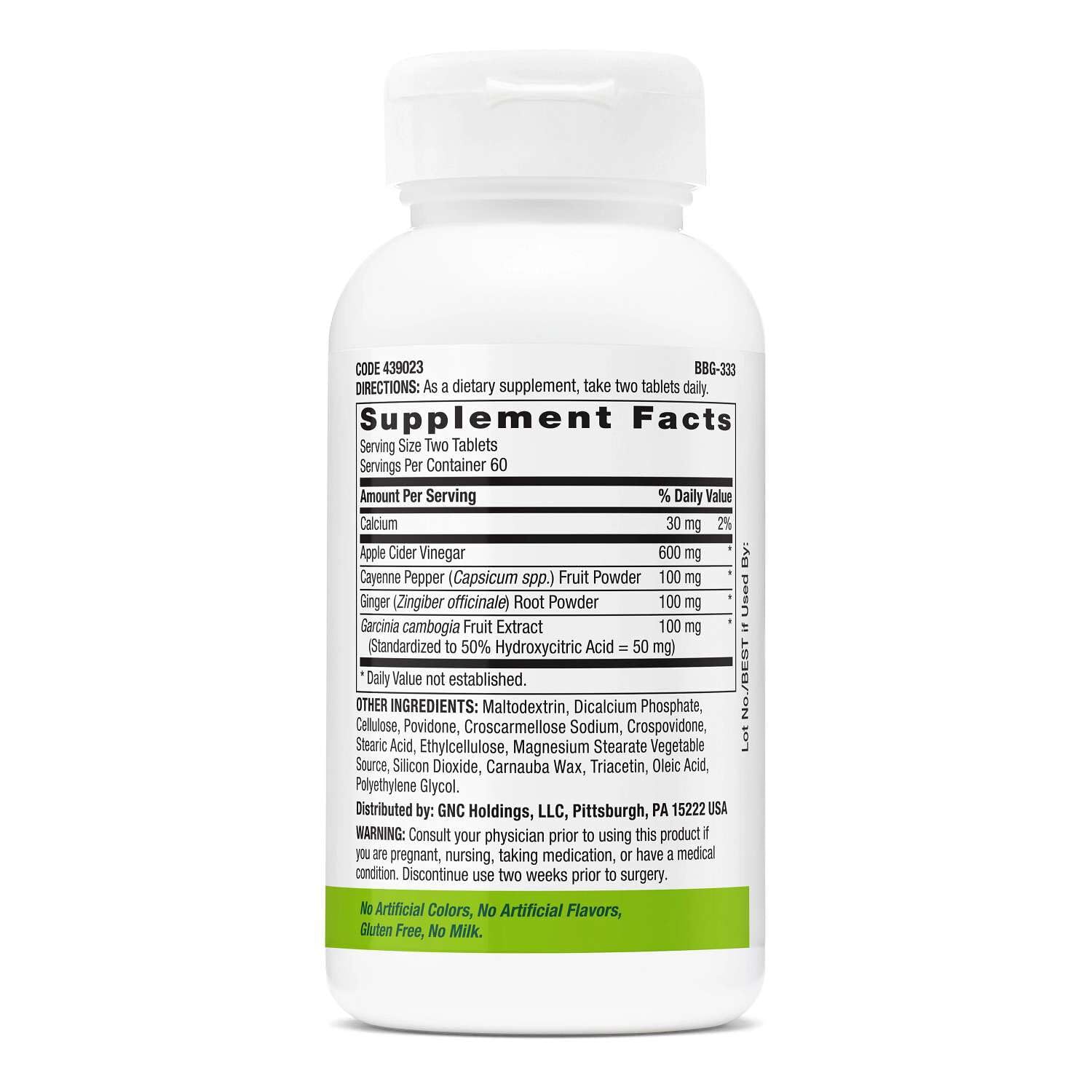 Cápsulas GNC SuperFoods Apple Cider Vinegar en primer plano, textura y tamaño