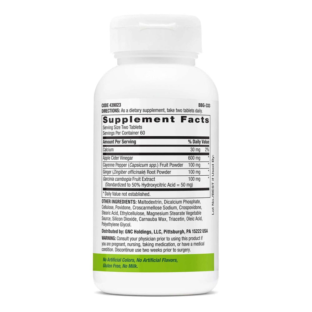 Cápsulas GNC SuperFoods Apple Cider Vinegar en primer plano, textura y tamaño