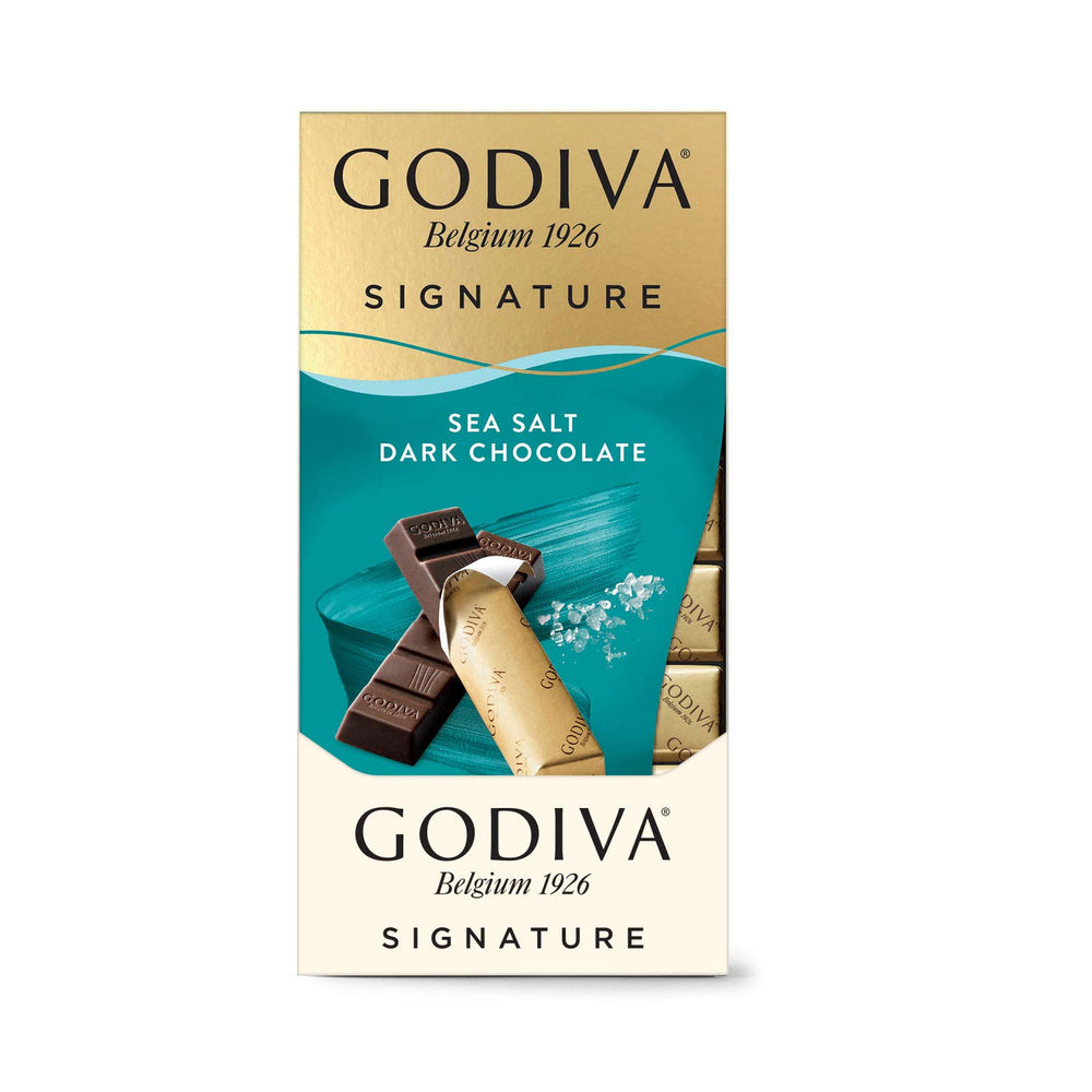 Godiva estuche abierto con barras desplegadas listo para servir y compartir