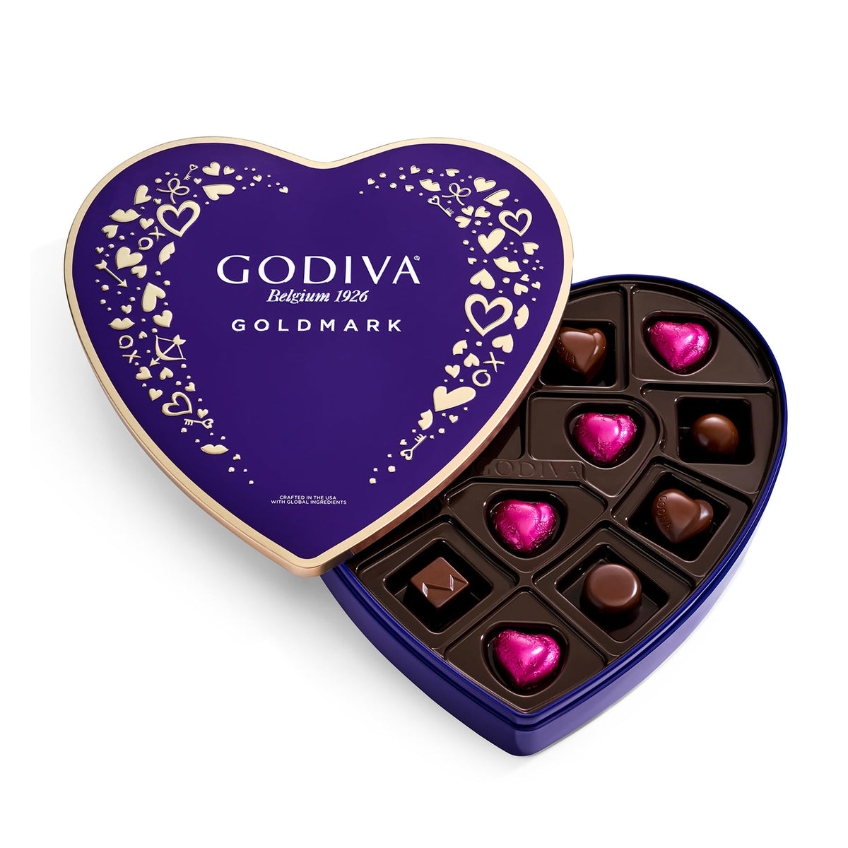 Godiva lata corazón frontal elegante, ideal para regalar
