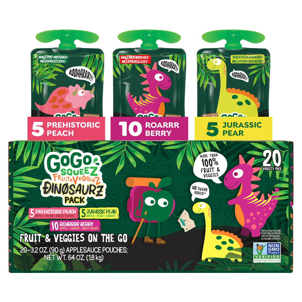 GoGo squeeZ caja frontal con diseño Jurassic y 20 bolsitas para meriendas