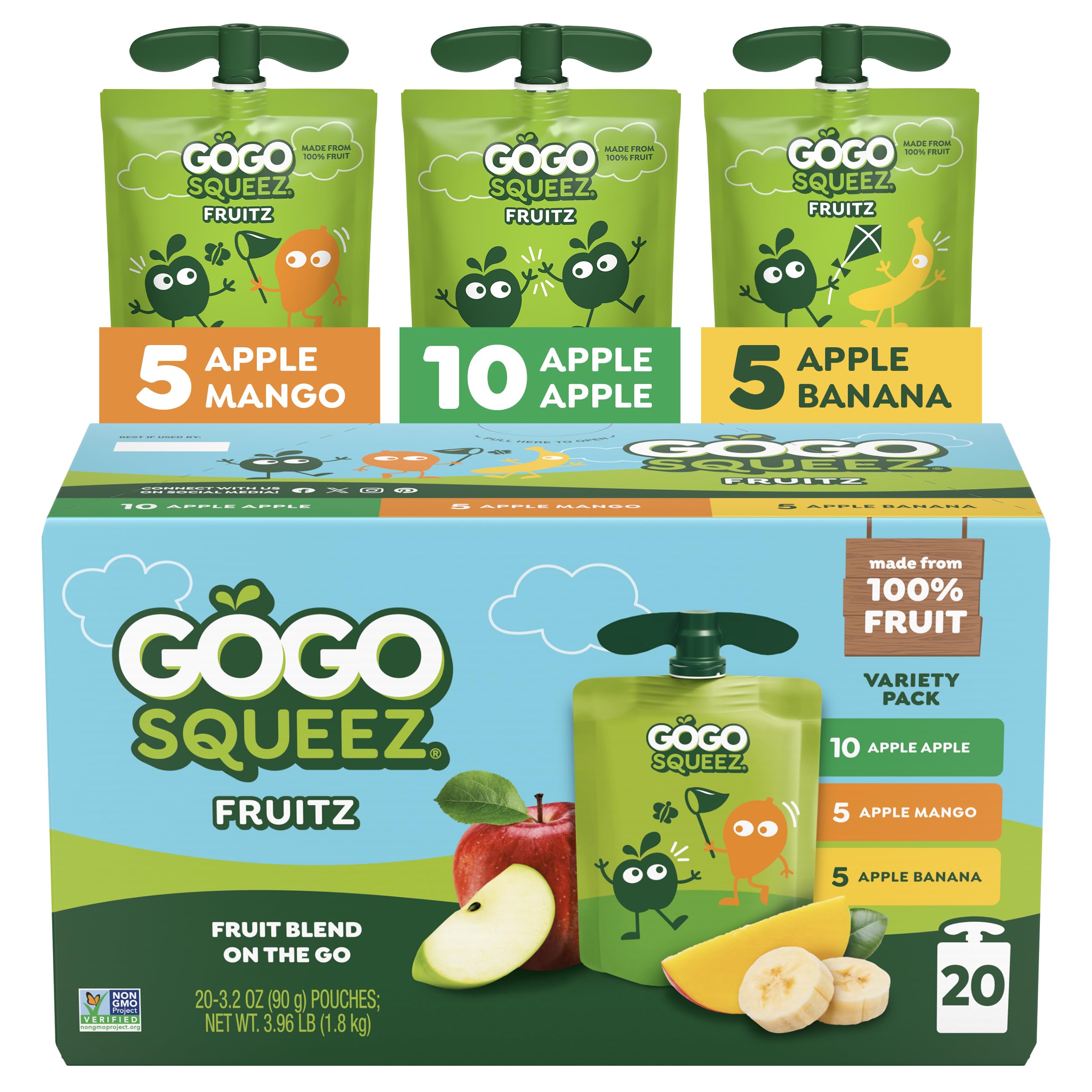 GoGo squeeZ frontal caja y pouches mostrando variedad y conveniencia