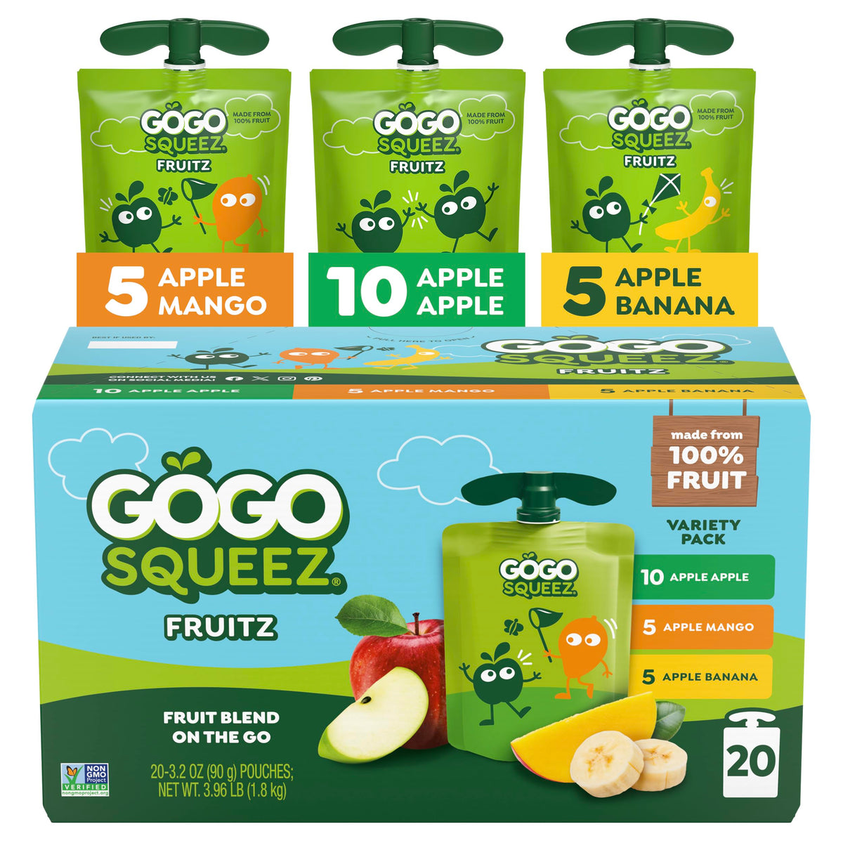 GoGo squeeZ frontal caja y pouches mostrando variedad y conveniencia