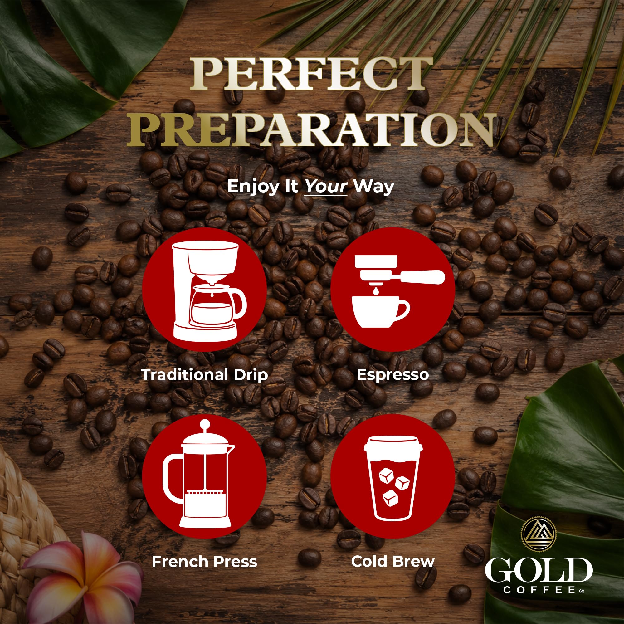 Gold Coffee Company taza preparada de Kanaloa resaltando color y crema equilibrada