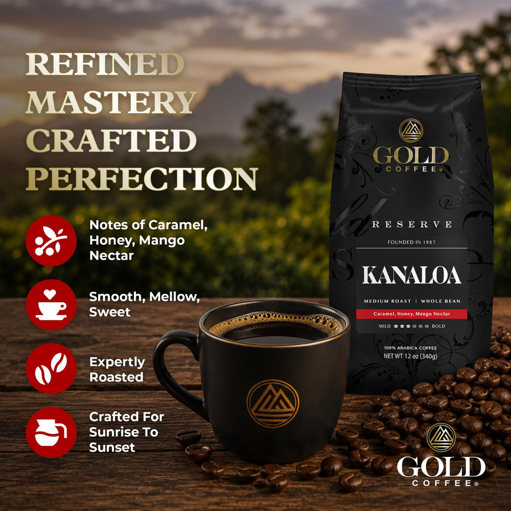 Gold Coffee Company primer plano de granos Kanaloa mostrando textura y tueste